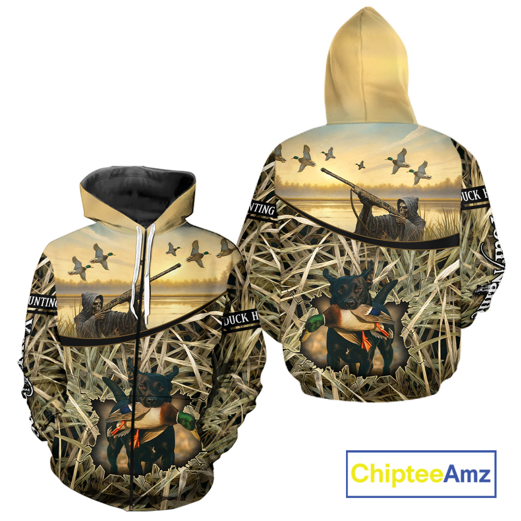 Duck Hunting 3D Waterfowl Camo Grim Reaper Black Labrador Retriever Shirt Hunting Gift NHT202