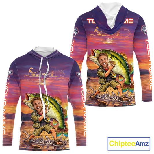 Custom Father's Day Hooded Bass Fishing Shirts Long Sleeve With Face, Personalized Funny Dad Fishing Button Shirt NHT679