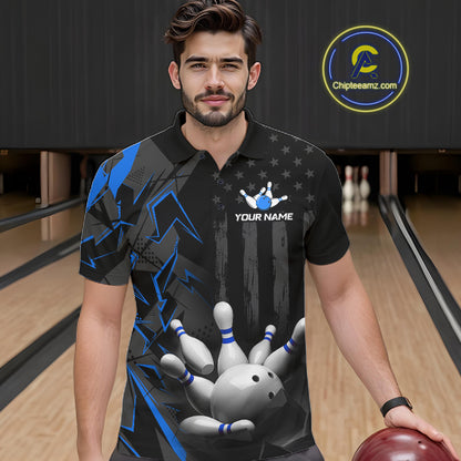 Custom Bowling Team Men Polo Shirt Quarter Zip 1/4 Personalized Name Performance Bowling Jersey|Blue NHT1331