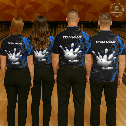 Custom Bowling Team Men Polo Shirt Quarter Zip 1/4 Personalized Name Performance Bowling Jersey|Blue NHT1331