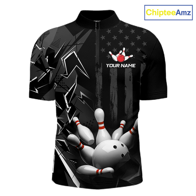Custom Bowling Team Men Polo Shirt Quarter Zip 1/4 Personalized Name Performance Bowling Jersey|Black White NHT1332