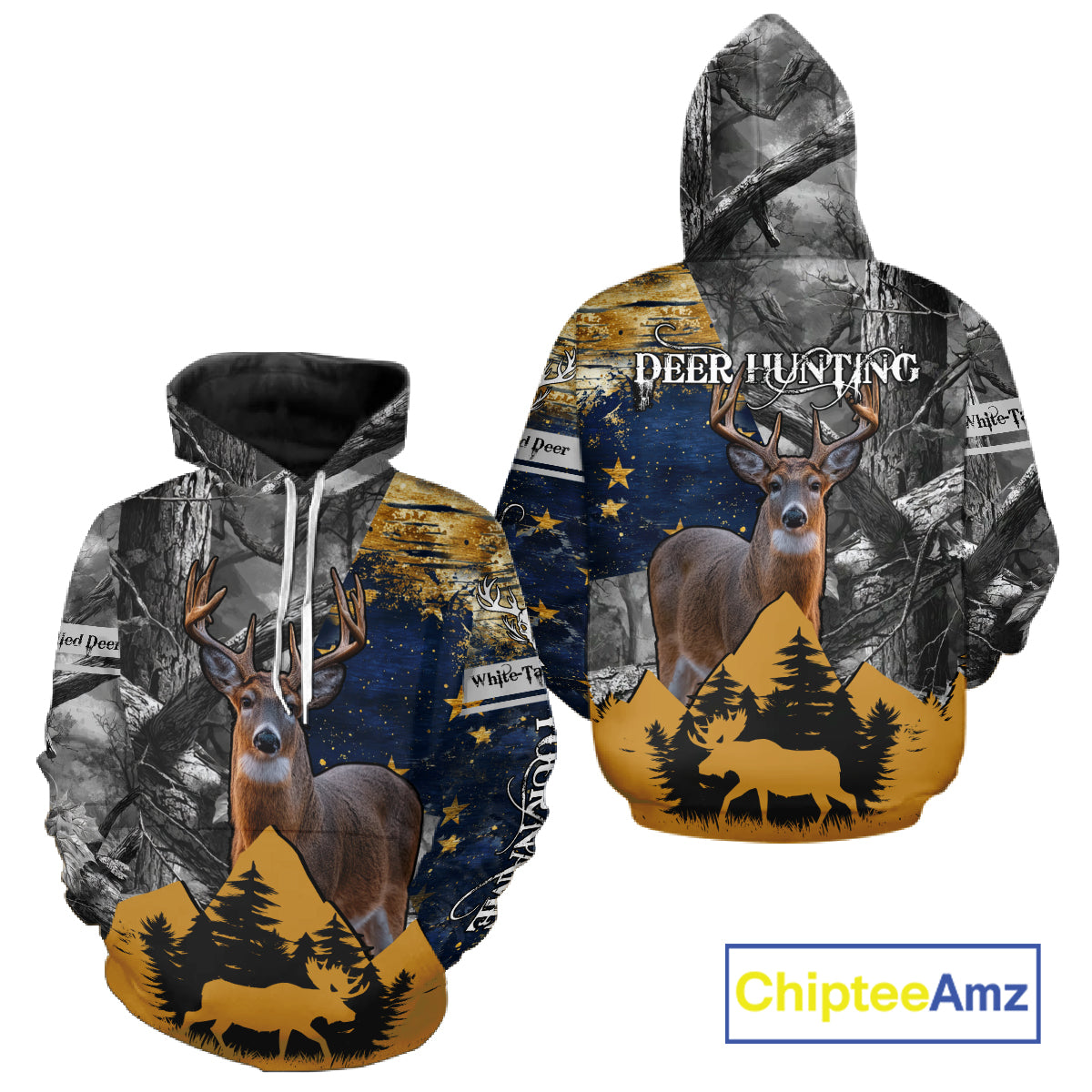 WhiteTails Deer Hunting Alaska Flag with Custom Name, Camo Gray Camouflage Details  NHT09