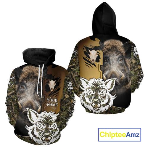 Wild Boar Hunting Shirt Custom Name Camo Skull Hunting Clothes For Hunters Gift NHT110
