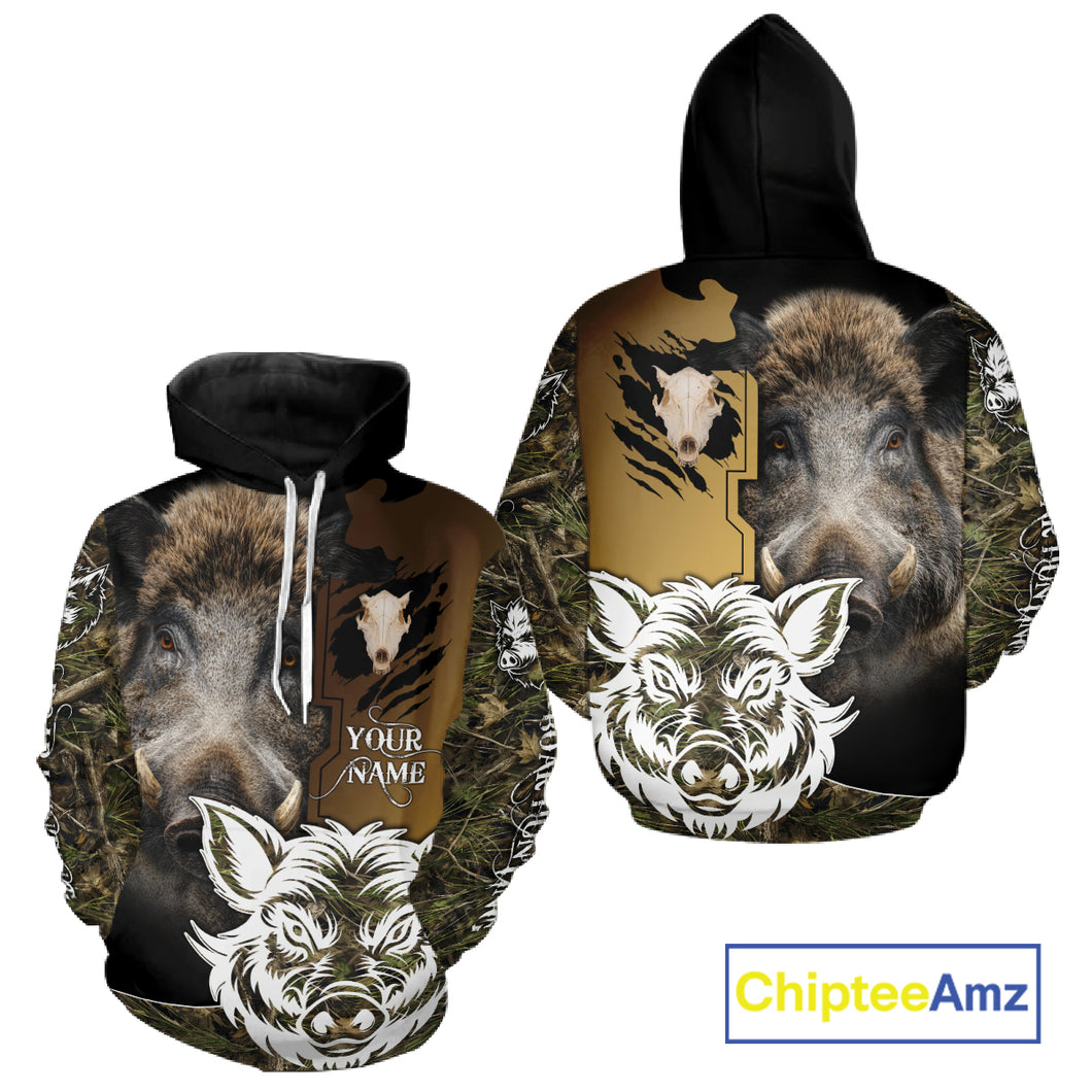 Wild Boar Hunting Shirt Custom Name Camo Skull Hunting Clothes For Hunters Gift NHT110