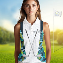 Load image into Gallery viewer, Personalized Green Tropical Plants Pattern Womens Sleeveless Golf Polo Shirts Custom Golf Tops NHT689