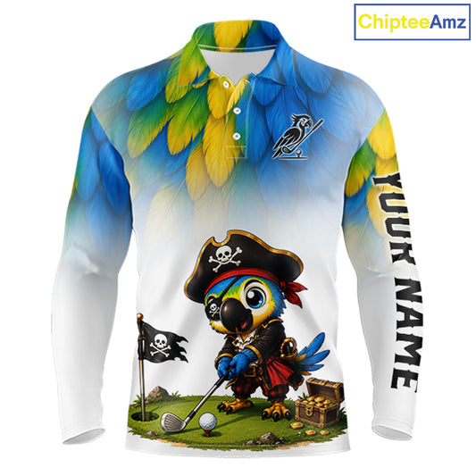 Mens golf polo shirt with pirate parrot graphic, custom name and team, sporty fit.