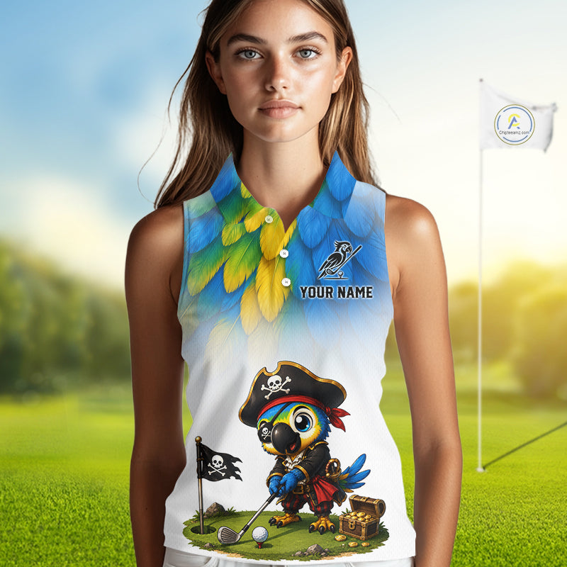 Close up of personalized pirate parrot womens sleeveless golf polo, detail of custom text area for name and team.