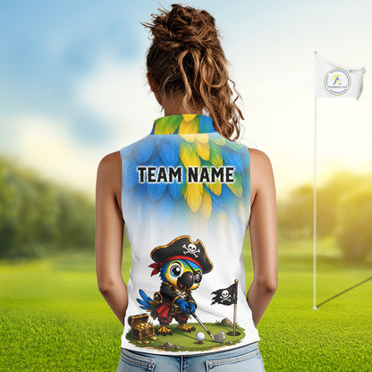 Close up of personalized pirate parrot womens sleeveless golf polo, detail of custom text area for name and team.