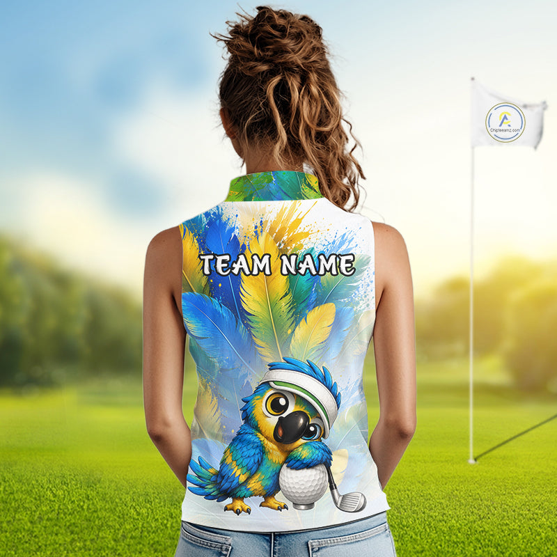 Cute bird hugging golf ball printed on womens sleeveless golf polo shirt, custom name and team, golf outfit.