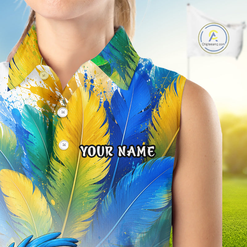 Cute bird hugging golf ball printed on womens sleeveless golf polo shirt, custom name and team, golf outfit.