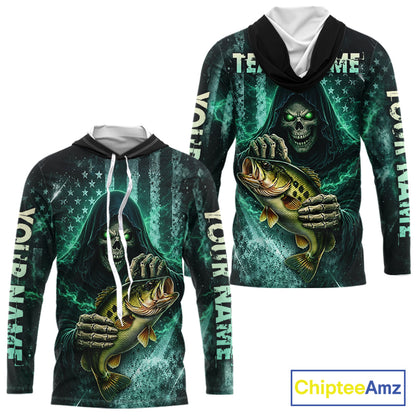 Custom Team Name Grim Reaper Bass Fishing With American Flag - Hooded Patriotic Bass Fishing Jersey NHT515