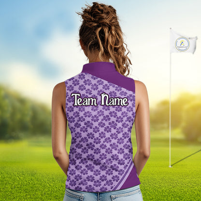 Custom Womens Sleeveless Purple Floral Golf Polo, Personalized Violet Flower Golf Shirt With Name NHT696