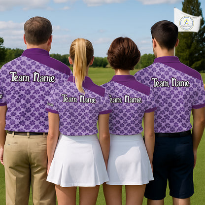 Custom Womens Purple Floral Golf Polo, Personalized Violet Flower Golf Shirt With Name NHT696
