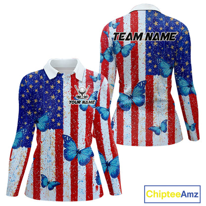 Personalized Blue Butterfly American Flag Polo – Custom Name Patriotic Womens Golf Polo Shirt