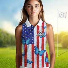 Load image into Gallery viewer, Personalized Blue Butterfly American Flag Polo – Custom Name Patriotic Womens Sleeveless Golf Polo Shirt