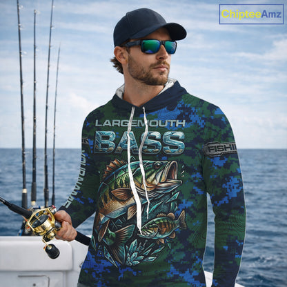 Green Camo Bass Fishing Shirt Long Sleeve Hooded, Bass Fishing Jersey, Performance Fishing Apparel NHT877