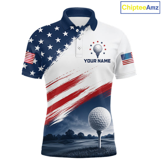 Patriotic American Flag Golf Polo Shirt For Men –  Red White Blue Golf Apparel 