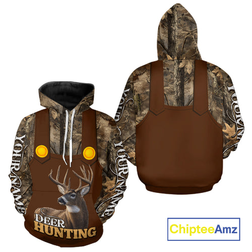 Deer Hunting Hoodie & Sweatshirt – Brown Bib Overalls Style with Custom Name Camo Design NHT346