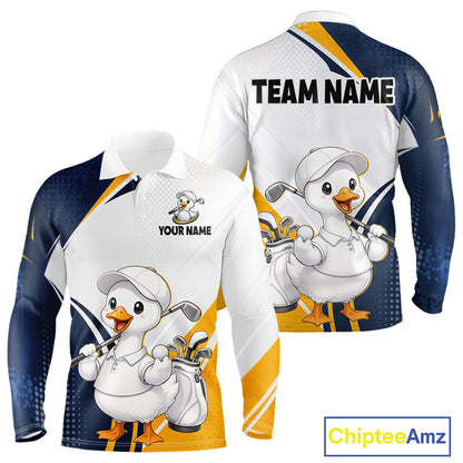 Front and back views of a long-sleeve custom golf jersey on a white background. The jersey features a cartoon golf duck wearing a white polo shirt and cap, with customizable text areas reading 'TEAM NAME' and 'YOUR NAME'.