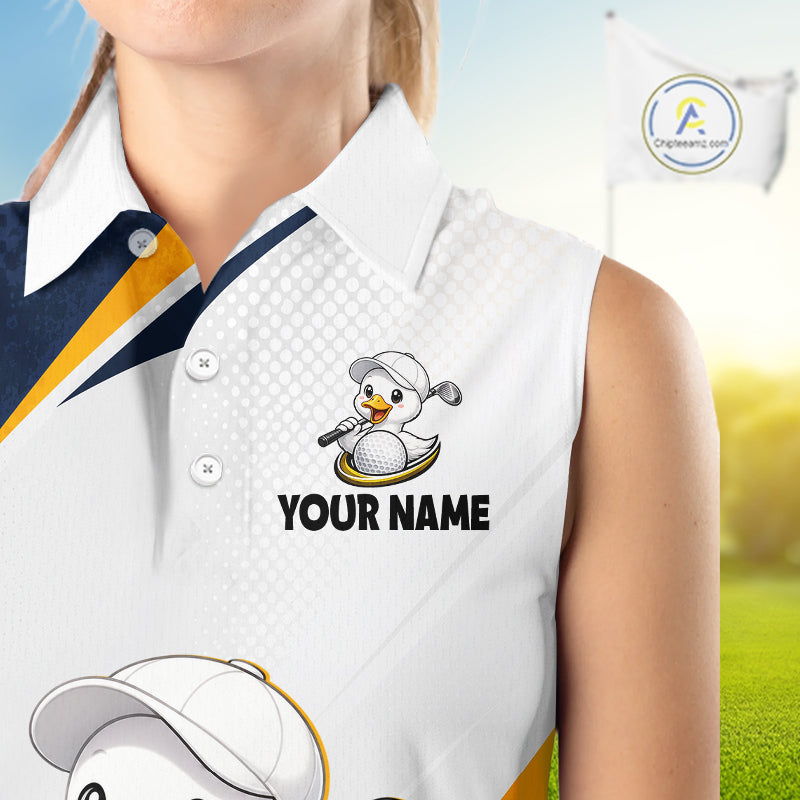 A sleeveless white golf polo shirt with a cartoon duck golf graphic and customizable text, shown on a model against a golf course background.