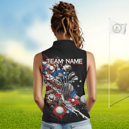 Patriotic Womens Sleeveless Golf Polo Shirt Custom USA Flag Golf Shirt, Golf Apparel Gift For Golfers NHT904