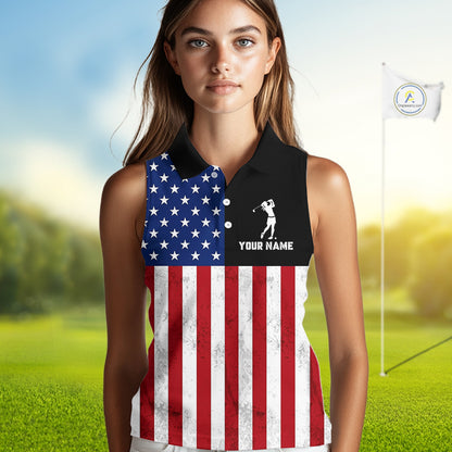 Personalized Sleeveless Womens Golf Polo Shirt American Flag Patriotic Golf Shirts Golf Gifts For Womens NHT746