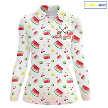 Load image into Gallery viewer, Funny Watermelon Pattern Womens Polo Shirt, Long Sleeve Golf Polo Shirt Custom Watermelon Pattern Team Golf Top NHT757