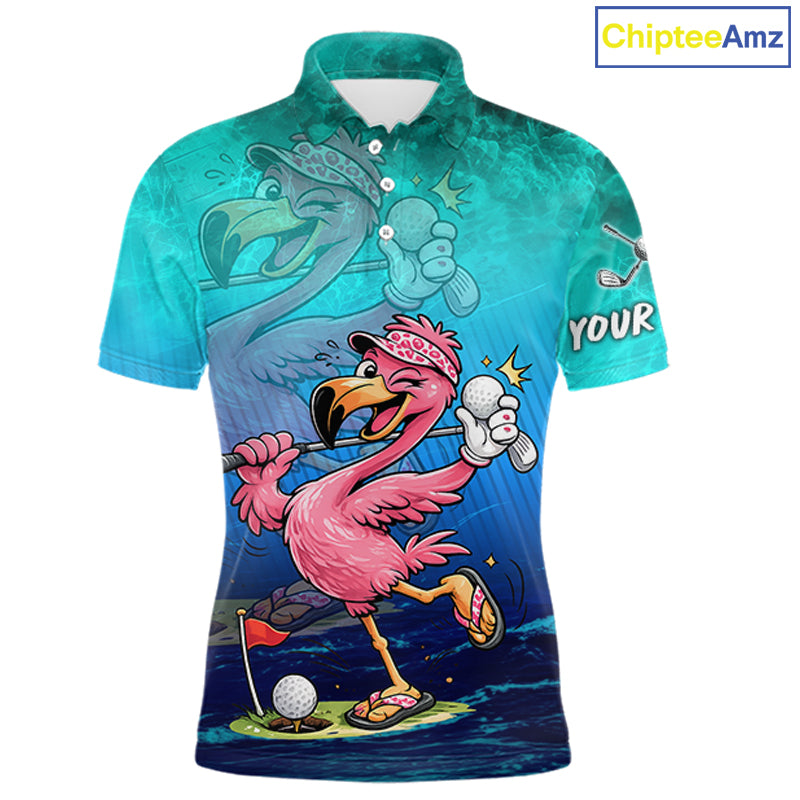 A short-sleeve polo shirt with a vibrant all-over print featuring a cartoon pink flamingo golfing, a blue flamingo in the background, and the text 'YOUR' on the sleeve. The ChipteeAmz logo is visible in the top right corner.
