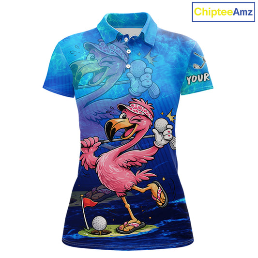 A women's short-sleeve polo shirt with a vibrant blue and purple watercolor-style background and a large cartoon flamingo graphic on the front. The shirt features a collar, button placket, and a 'YOUR' print on the right sleeve.