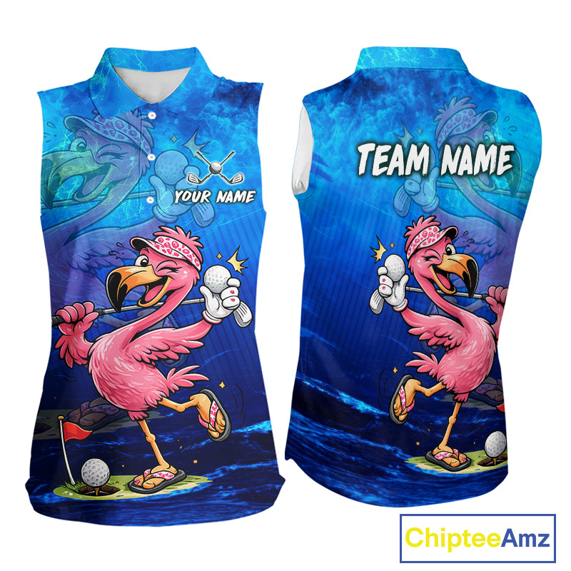 Front and back views of a sleeveless collared shirt with a blue watercolor-style background and a cartoon flamingo playing golf. The front shows 'YOUR NAME' and the back shows 'TEAM NAME' text fields, with a ChipteeAmz logo in the bottom right corner