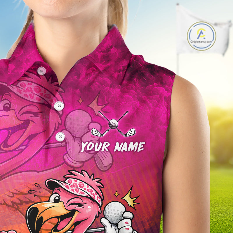 A sleeveless collared button-up shirt worn by a model, featuring a vibrant pink and magenta watercolor design with cartoon flamingo graphics and a customizable 'YOUR NAME' text on the front.