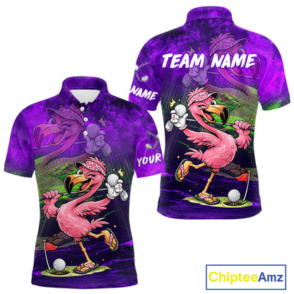 Custom short-sleeve polo shirt shown from the front and back, featuring a colorful cartoon flamingo golf design on a purple and black background with 'TEAM NAME' and 'YOUR' text placeholders. A ChipteeAmz logo is visible in the bottom right corner.