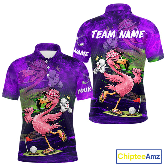 Custom short-sleeve polo shirt shown from the front and back, featuring a colorful cartoon flamingo golf design on a purple and black background with 'TEAM NAME' and 'YOUR' text placeholders. A ChipteeAmz logo is visible in the bottom right corner.