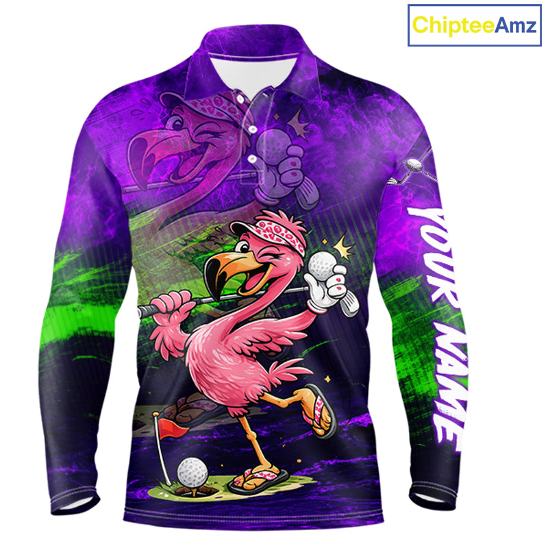 A long-sleeve polo shirt with a vibrant purple and black graphic design featuring a cartoon flamingo playing golf, green paint splatters, and 'YOUR NAME' printed vertically on the sleeve. The ChipteeAmz logo is visible in the top right corner.