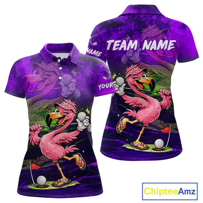A purple short-sleeve polo shirt shown from the front and back, featuring a cartoon pink flamingo golf theme with the text 'TEAM NAME' and 'YOUR NAME'. The shirt has a purple marbled pattern with a large colorful flamingo graphic on the front and back.