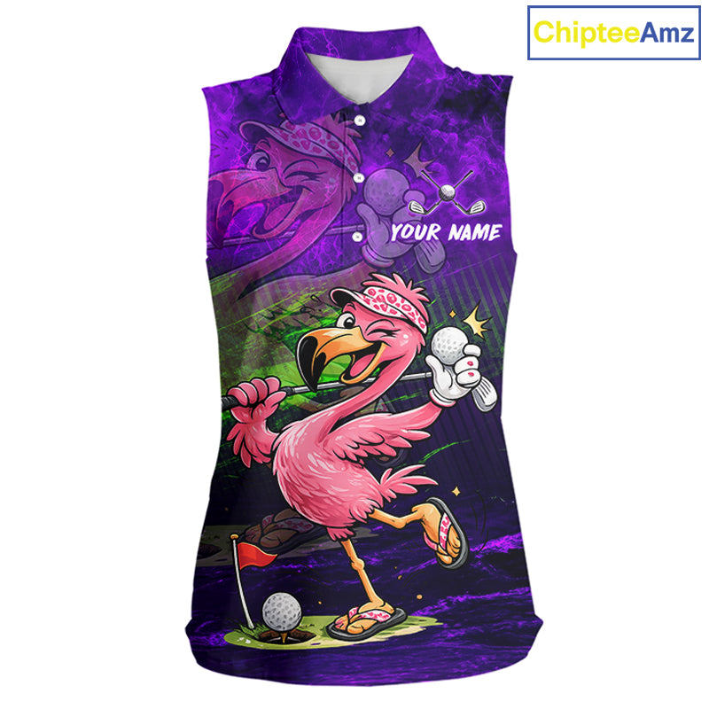 A sleeveless collared button-up shirt with a vibrant all-over print featuring a cartoon flamingo playing golf, purple and black background graphics, and the text 'YOUR NAME' for personalization. The ChipteeAmz logo is visible in the top right corner.
