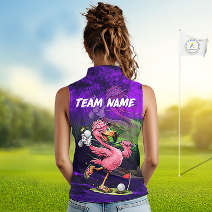 A woman viewed from behind wearing a sleeveless purple polo shirt with a colorful cartoon flamingo graphic and the text 'TEAM NAME' printed across the back, standing on a golf course with a flag in the background.
