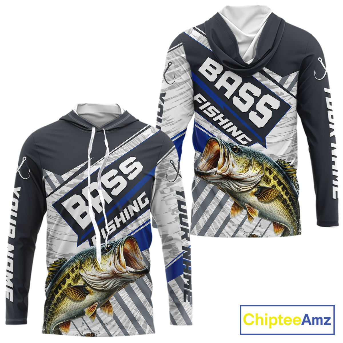 Personalized Bass Fishing Jerseys For Fishing Team, Largemouth Bass Hooded Fishing Shirt Long Sleeve NHT918