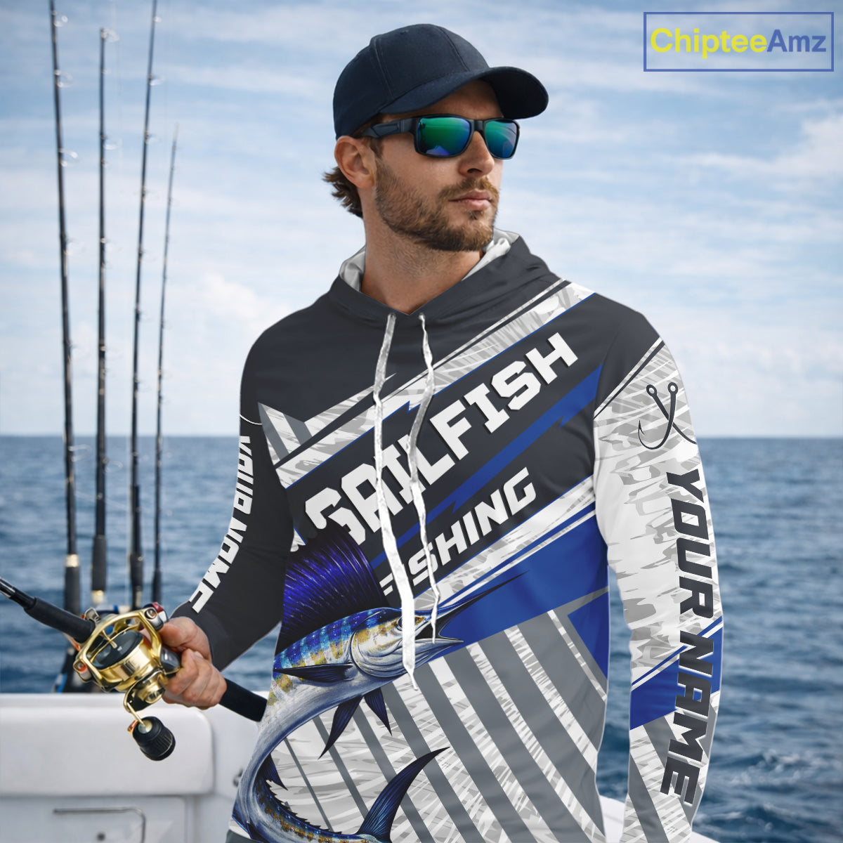 Personalized Sailfish Fishing Jerseys For Fishing Team, Sailfish Hooded Fishing Shirt Long Sleeve NHT920