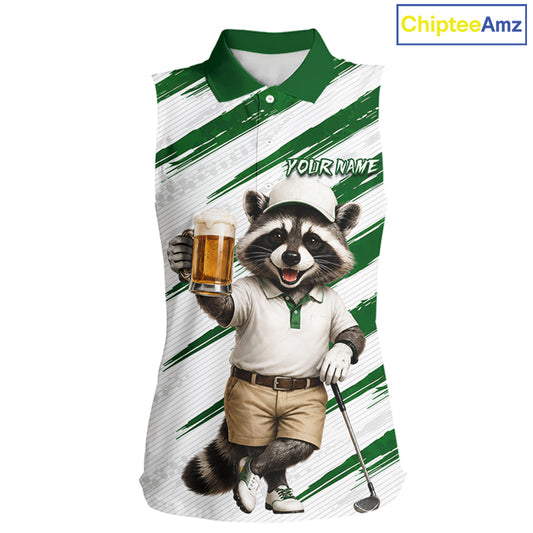 Custom Funny Beer Raccoon Golf Jersey For Womens, Womens Sleeveless Golf Polo Shirt Black Beige Golf Jersey NHT936