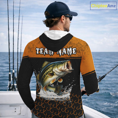 Personalized Largemouth Bass Fishing Jerseys, Orange Bass Hooded Fishing Shirts Long Sleeve Tournament Shirts NHT567