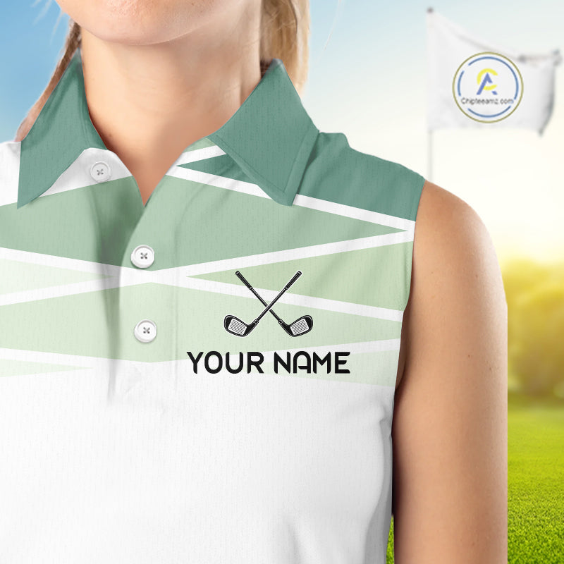 Personalized Womens Sleeveless Golf Polo Shirt Custom Team Name White Green Geometric Golf Team Polo For Womens NHT943