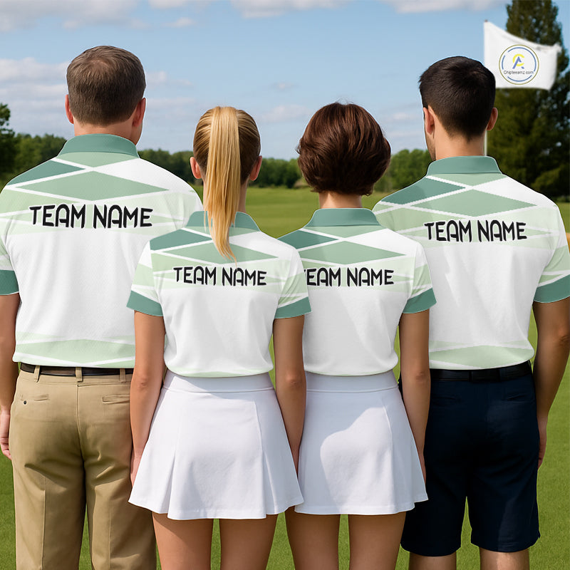Personalized Golf Polo Shirt Custom Team Name White Green Geometric Golf Team Polo For Womens NHT943