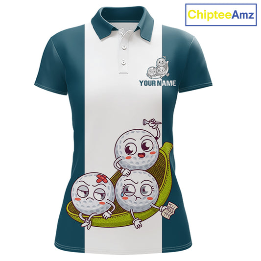 Custom Blue Teal White Womens Golf Team Polo Shirt, Funny Golf Ball Family Design, Matching Team Outfit NHT791