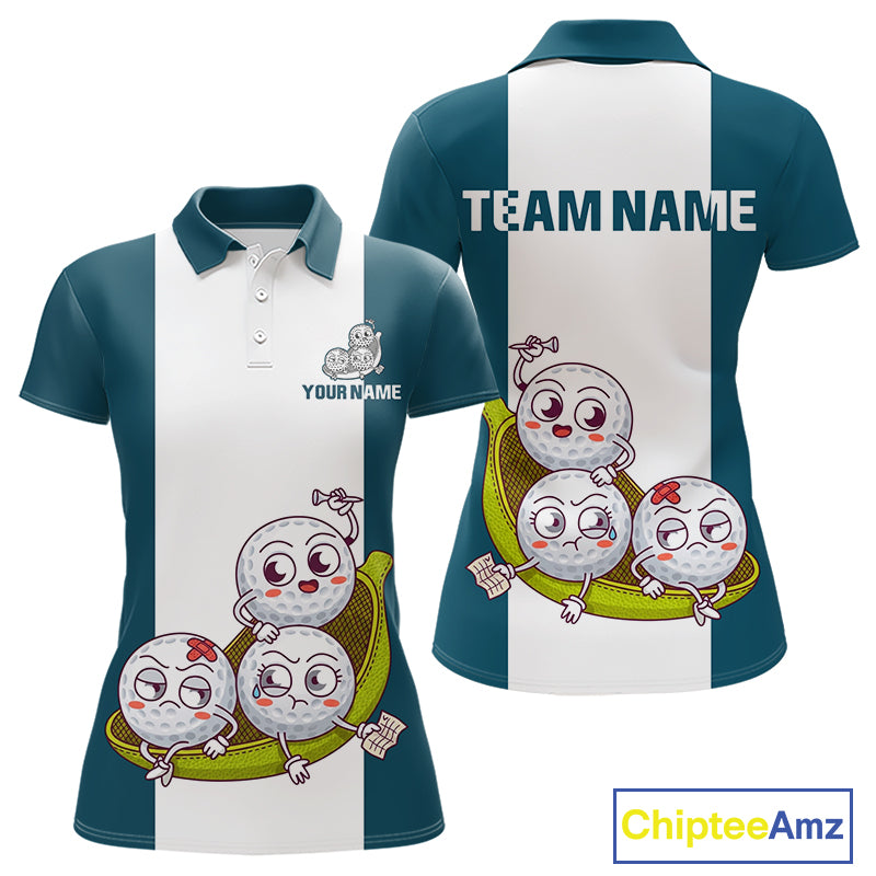 Custom Blue Teal White Womens Golf Team Polo Shirt, Funny Golf Ball Family Design, Matching Team Outfit NHT791