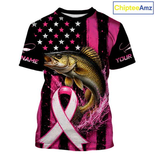 A short-sleeve graphic t-shirt featuring a pink and black American flag design with a large bass fish jumping over a pink-and-white awareness ribbon. The shirt has customizable text placeholders on the sleeves and a visible 'ChipteeAmz' watermark in the top right corner.