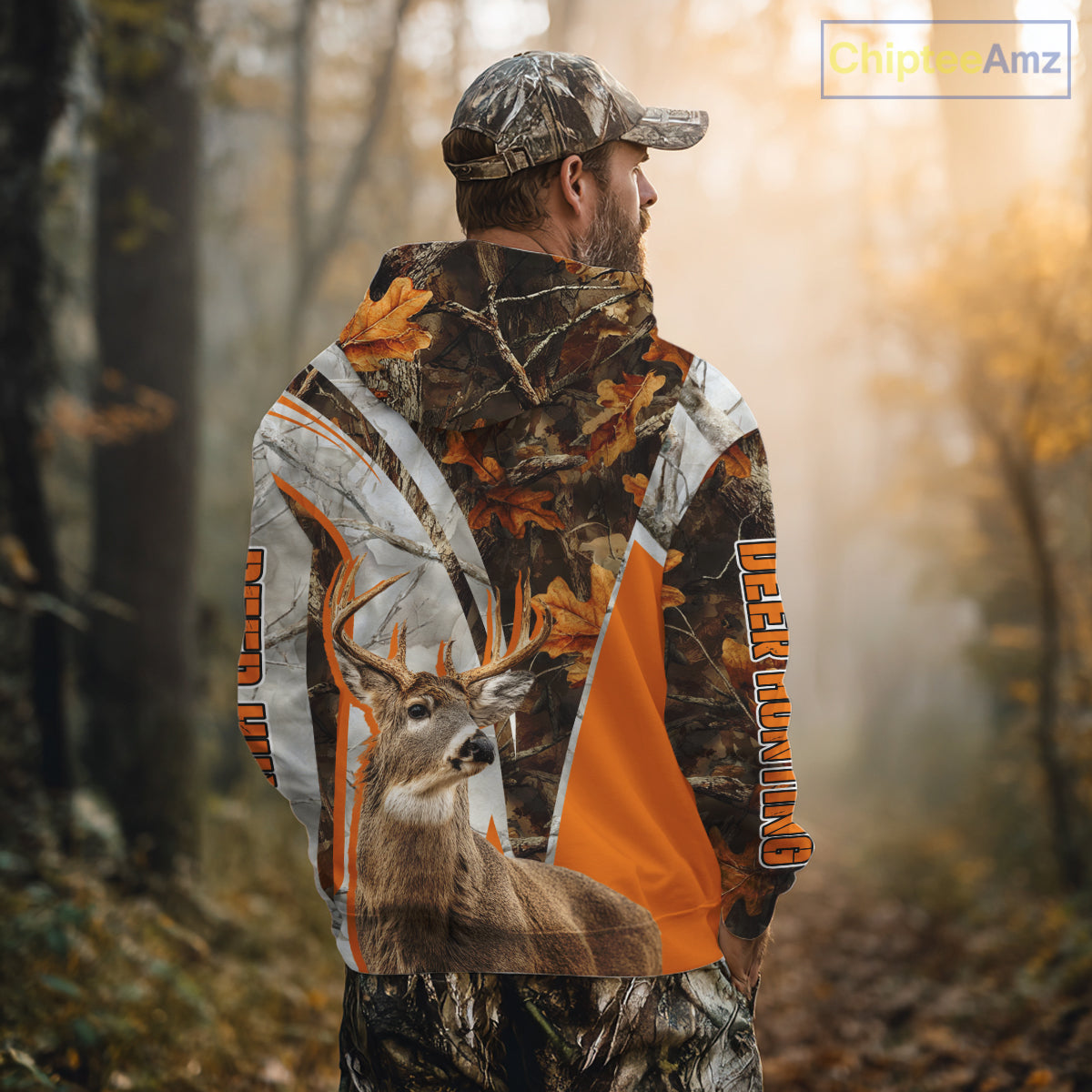 Whitetail Deer Hunting 3D All-Over Print Shirt with Deer Buck, Orange Camo for Deer Hunters NHT249