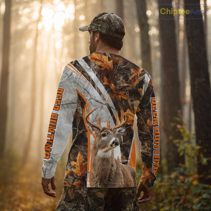 Whitetail Deer Hunting 3D All-Over Print Shirt with Deer Buck, Orange Camo for Deer Hunters NHT249