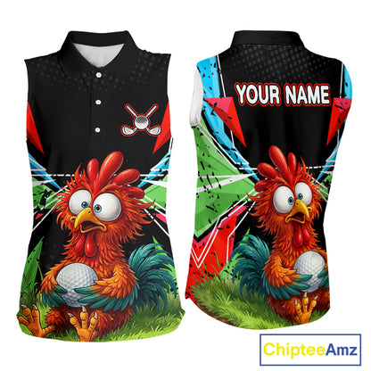Personalized Crazy Rooster Womens Sleeveless Golf Polo Shirt  Green Abstract Geometric Golf Apparel for Womens