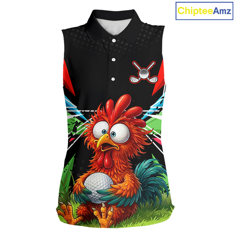 Personalized Crazy Rooster Womens Sleeveless Golf Polo Shirt  Green Abstract Geometric Golf Apparel for Womens